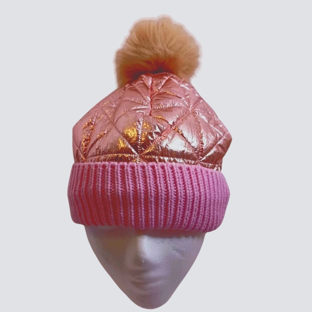 Pink and Gold Quilted Pom-Pom Hat